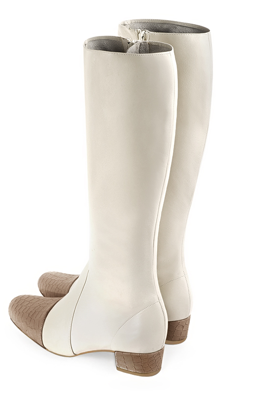 Tan beige and off white women's feminine knee-high boots. Round toe. Low block heels. Made to measure. Rear view - Florence KOOIJMAN